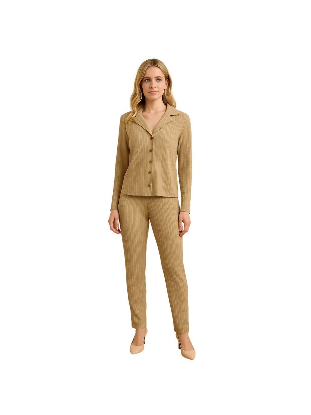 Nanette LEPORE Pleated Long-Sleeve Button Shirt Pant Set - Tan M/L